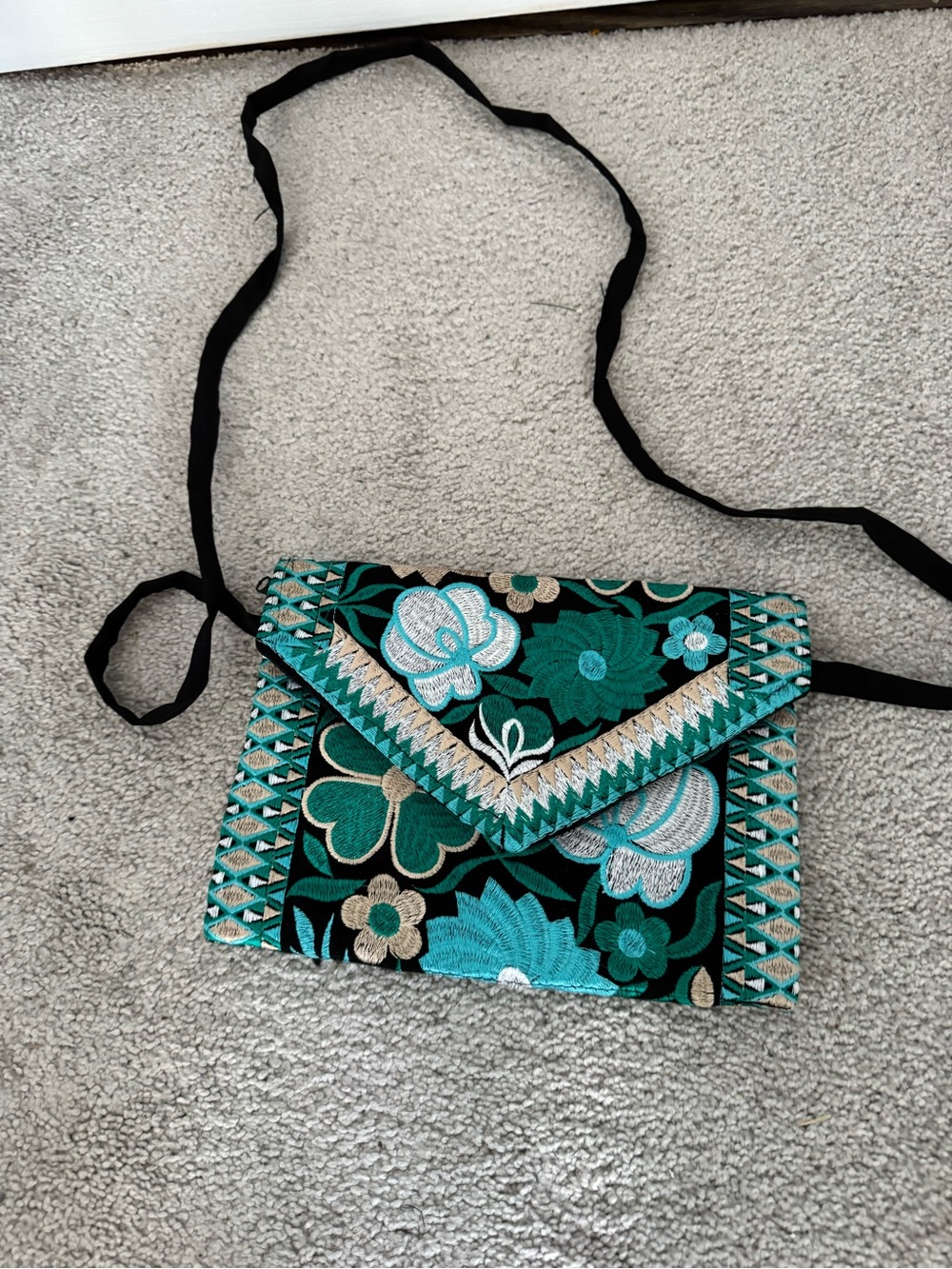 Source Unknown Teal, Black & Gold Embroidered Crossbody Bag